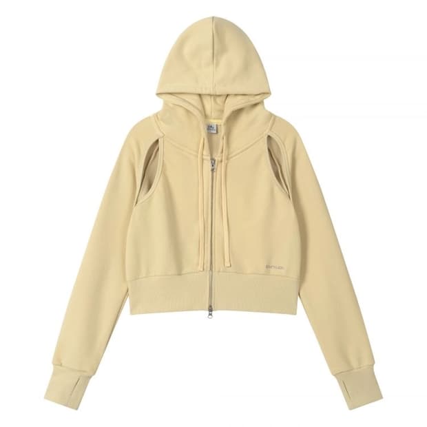 어스지구 CUT OUT CROP HOOD ZIP-UP (BUTTER)