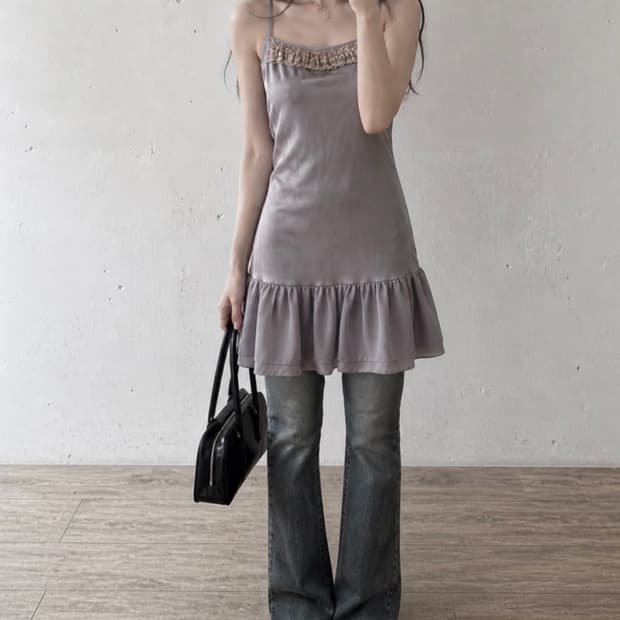 일본 빈티지 레이어드 단프릴 살크감촉 슬립 원피스