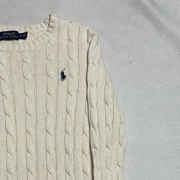 XS 폴로랄프로렌 네이비 포니 여성용 아이보리 케이블 니트