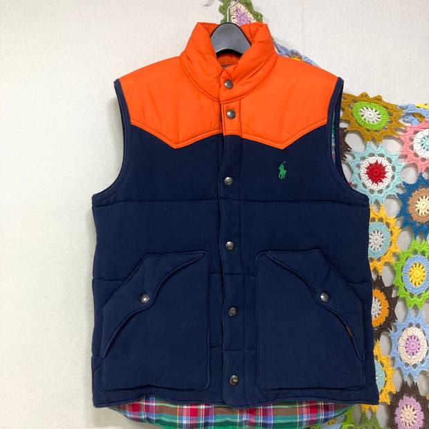 폴로랄프로렌 체크안감 배색 패딩조끼 베스트 _ 네이비/오렌지