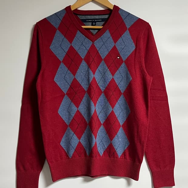 타미힐피거 브이넥 아가일 니트 스웨터 XS