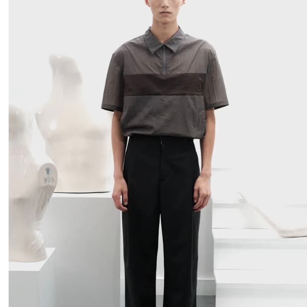 아모멘토 sheer color block top dark grey