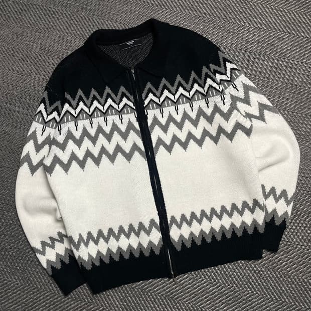 트릴리온 미니멀 노르딕 자카드 카라넥 투웨이 니트 집업y 5237