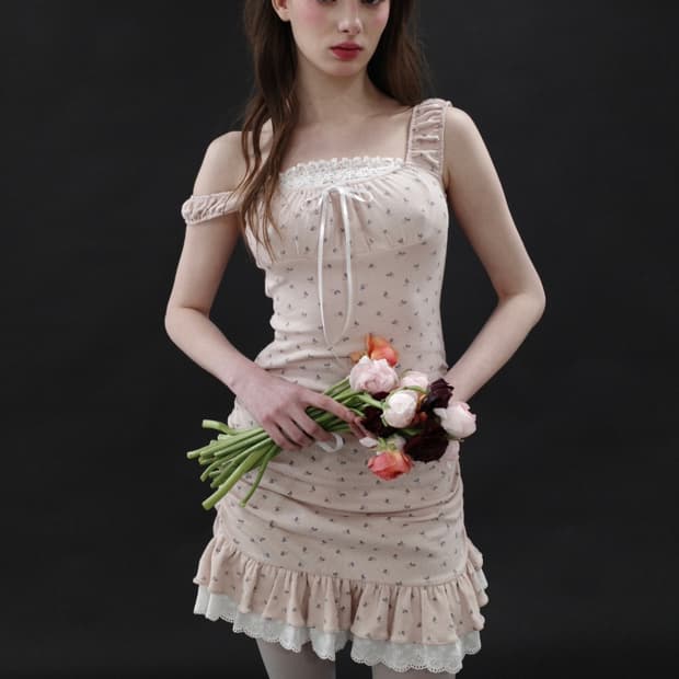 드라이로즈 플라워 셔링 원피스 핑크