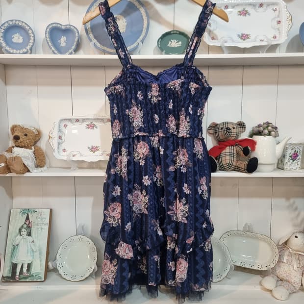 (액시즈팜) 네이비 플라워 쉬폰 원피스
