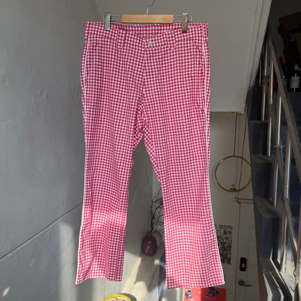 아디다스 핑크 체크 부츠컷 팬츠