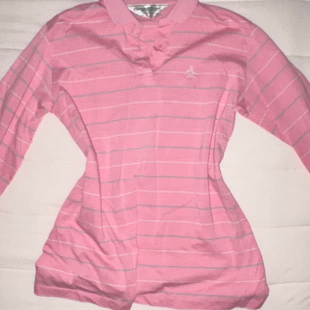 먼싱웨어 핑크 스트라이프 카라 롱슬리브 티셔츠