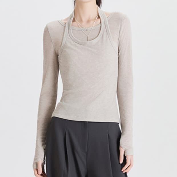 (새제품) 미쏘 홀터넥 시스루 긴팔 티셔츠