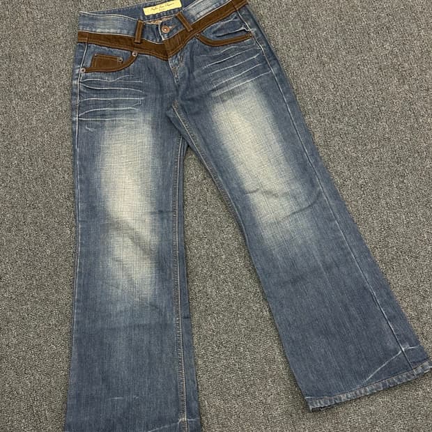 OS)일본 빈티지 여성 브라운 코듀로이 트리밍 부츠컷 데님 팬츠