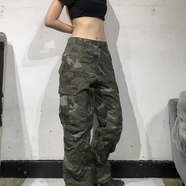 빈티지 카키 카모 와이드 카고 팬츠 