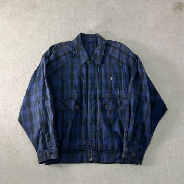 100 입생로랑 90s 린넨 체크 블루종 자켓 