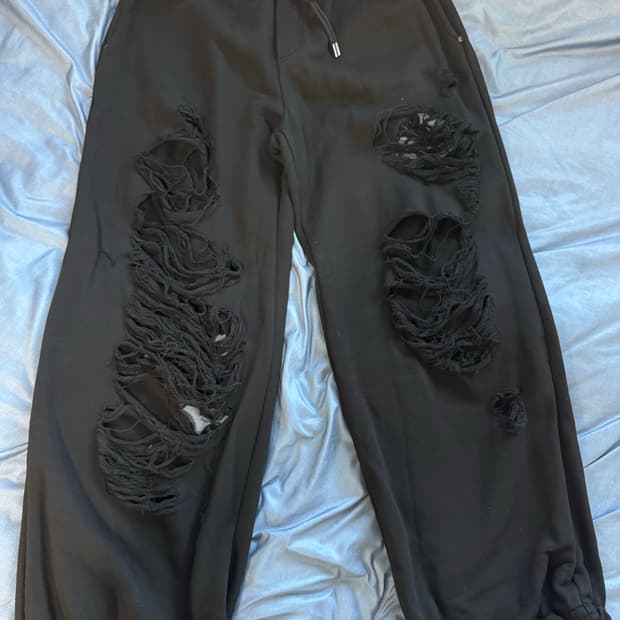 트리밍버드 스크래치 데미지 와이드 스웻 팬츠 블랙