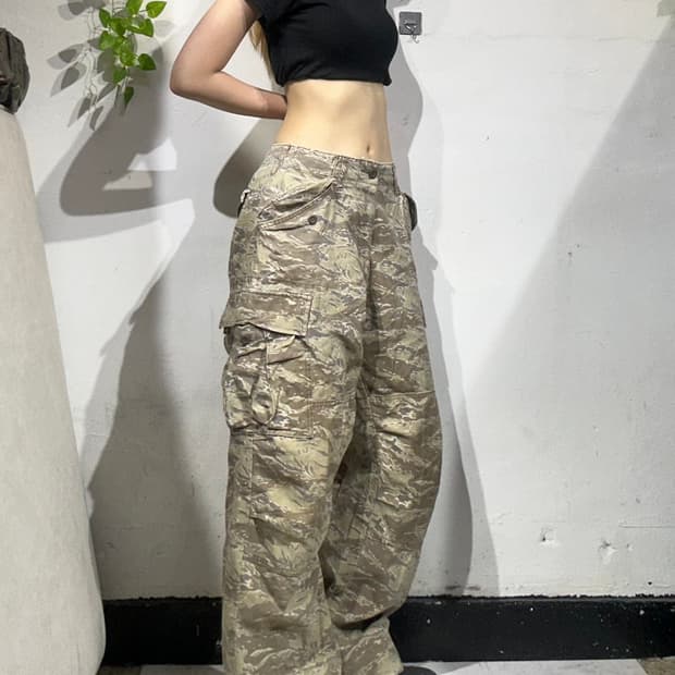 일본 빈티지 베이지 와이드 카모 카고 팬츠 M
