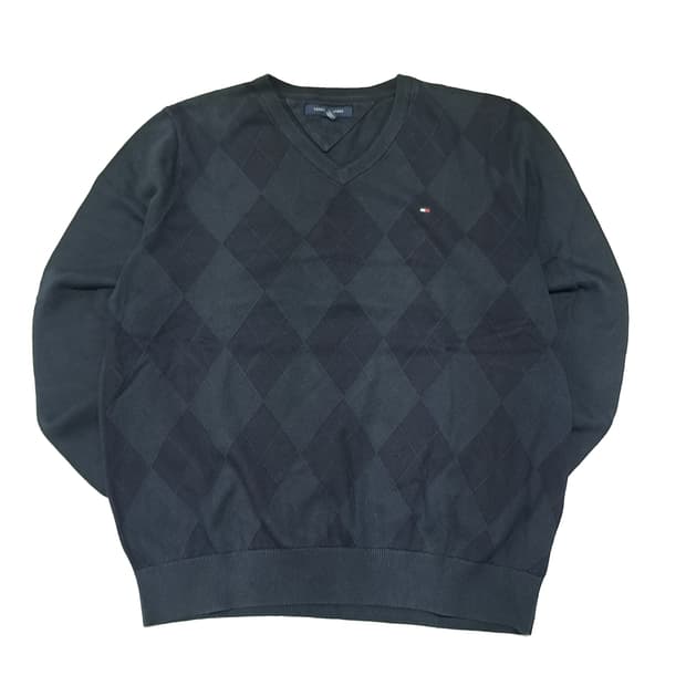 CL217 L 타미힐피거 코튼 톤온톤아가일 블랙 브이넥 니트 스웨터