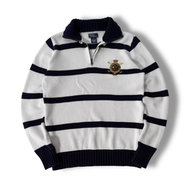 폴로 랄프로렌 화이트 스트라이프 엠브로이드 코튼 하프집 니트