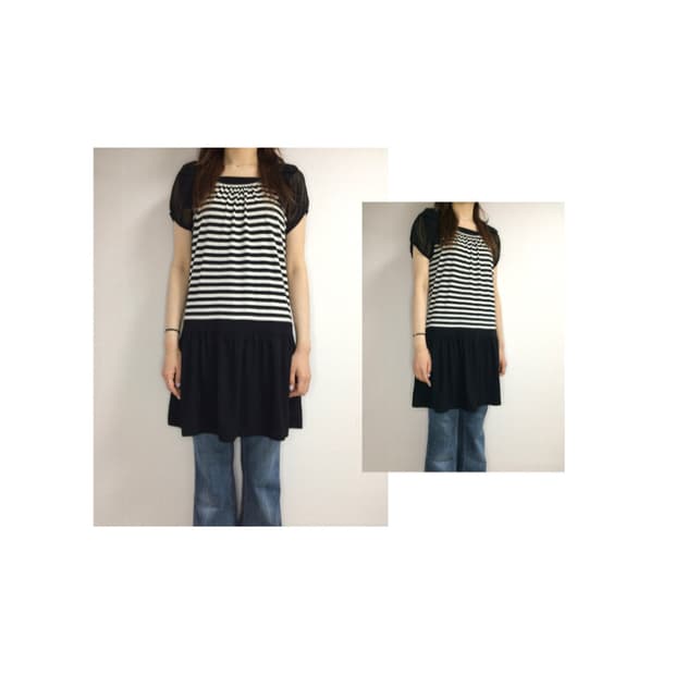 빈티지 스트라이프 리본 퍼프 원피스 튜닉