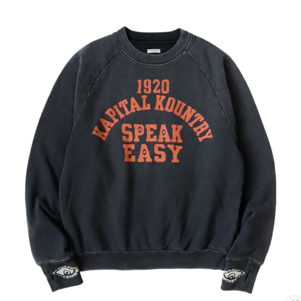 캐피탈 래글런 크루넥 플리스 스웨트셔츠 스피크이지 컬리지 Pt 블랙