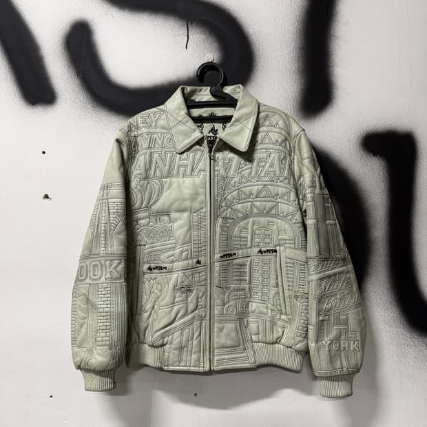 Al Wissam 100% 양가죽 시티 자수 디테일 퀼팅 바시티 자켓