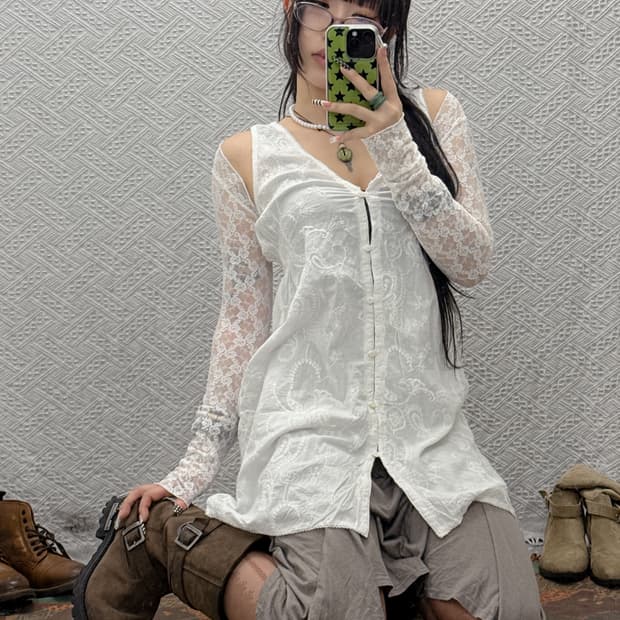 빈티지 프릴 레이스 란제리코어 슬리브리스 나시 원피스　K0008