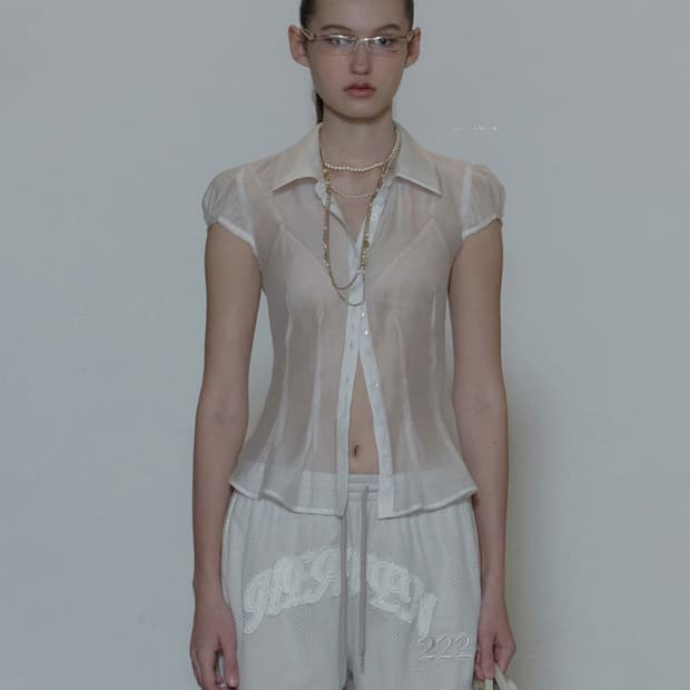 [M] 스컬프터 Sheer Pleated Hem Blouse White