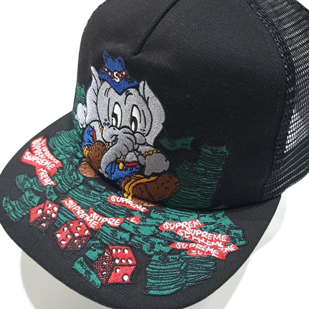 CL839 슈프림 블랙 코끼리 & 카지노 자수 메쉬 트러커햇 모자