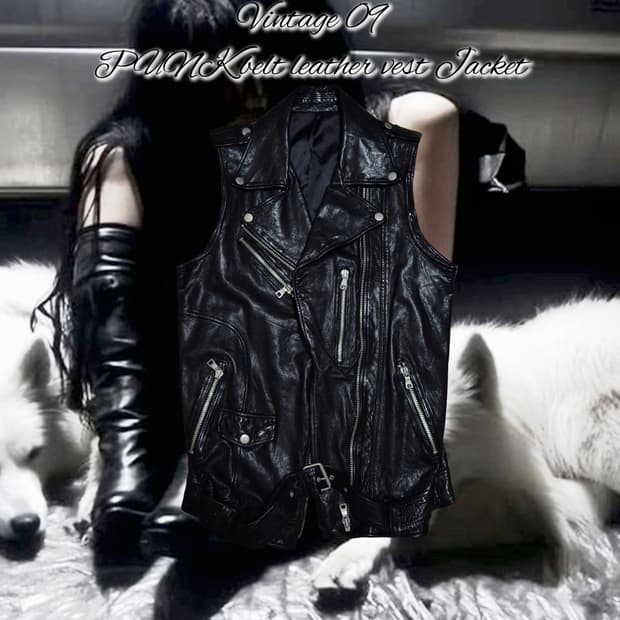Vintage 09 PUNK belt leather vest Jacket
