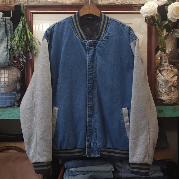 90s 빈티지 데님 바시티 자켓 블루종 봄버 자켓 팔 져지 xl