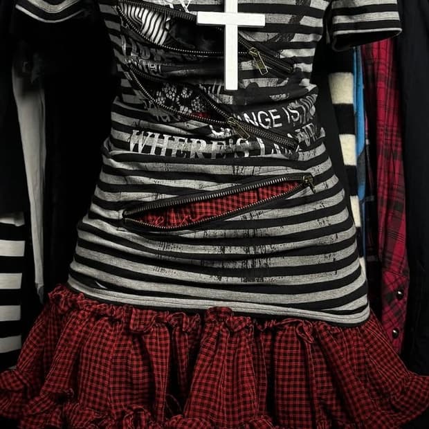 Akehomu666 아케호무 빈티지 펑크 레드 체크 미니스커트