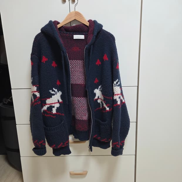 노르딕패턴 네이비 후드 집업 니트가디건