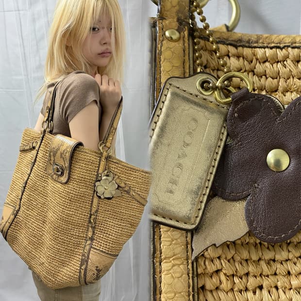[COACH] Leopard Detail Rattan Basket Bag