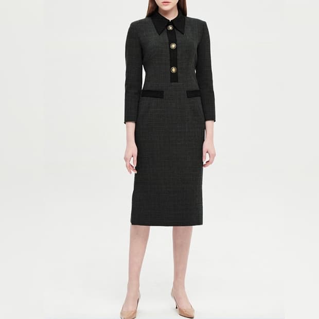 타임 금장버튼 트위드 미디 원피스