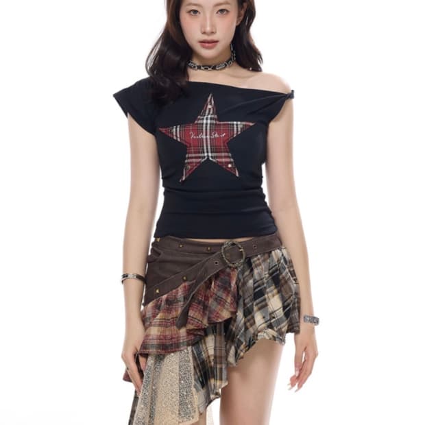 아사키 프레자키 펑크 오프숄더 티셔츠 탑