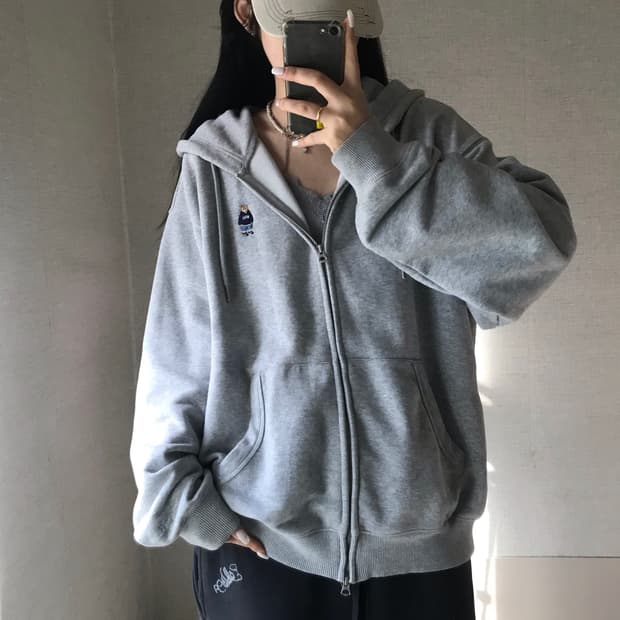 후아유 그레이 베어 후드집업