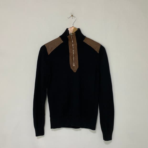 로렌랄프로렌 블랙/브라운 레더 패치 하프집업 반집업 니트 M