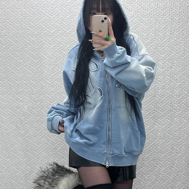 후드후드 아플리케 고딕 그런지 빈티지 워싱 후드집업 3 C08691