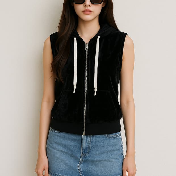 몽키타임. 여자 벨벳 더블 집업 민소매 후디_M