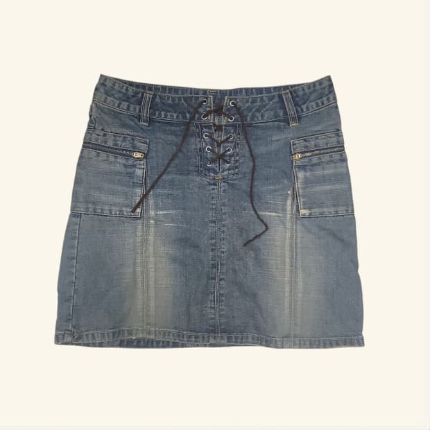 [27] rei jeans 레이스업 포켓 미디 데님 스커트
