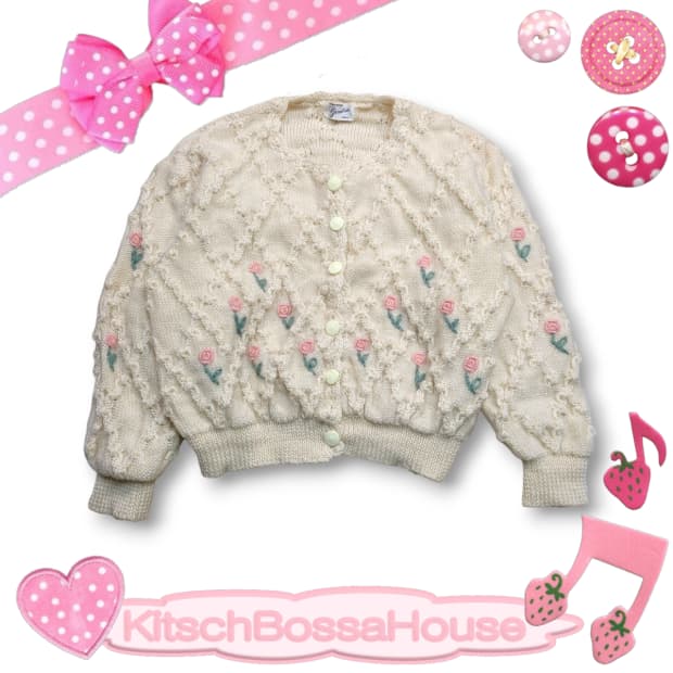 JPN 울 패턴 폼폼 플라워 레이스 니트 가디건