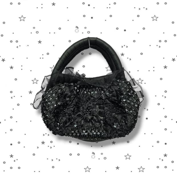VTG 블랙 로즈 비즈 스팽글 핸드백