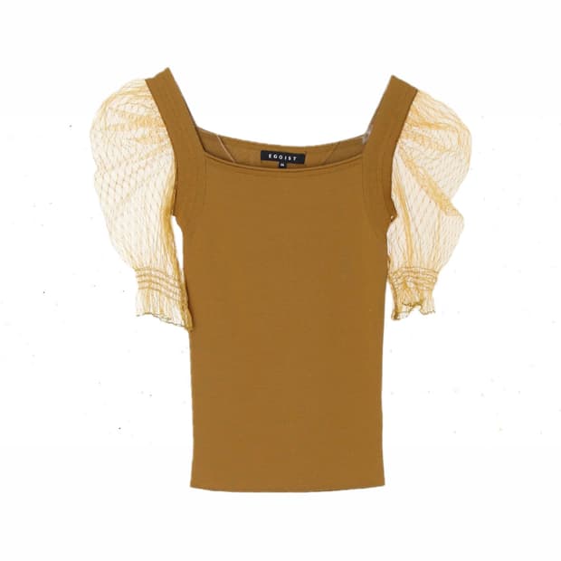 에고이스트 EGOIST 스퀘어넥 머스타드 퍼프 티셔츠