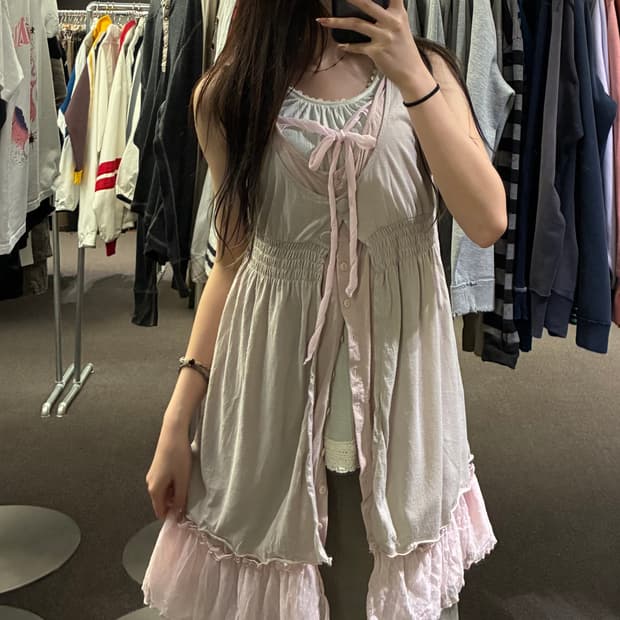 LL)Japanese vintage 여성 레이스 디테일 레이어드 나시 원