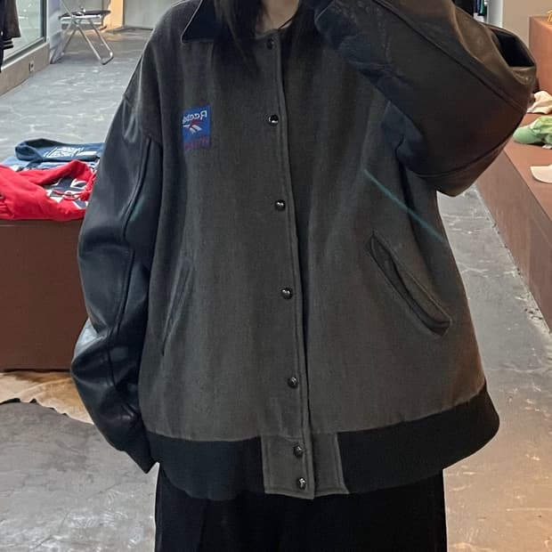 리복 90s 올드스쿨 레더 모직 배색 바시티 자켓 H2246