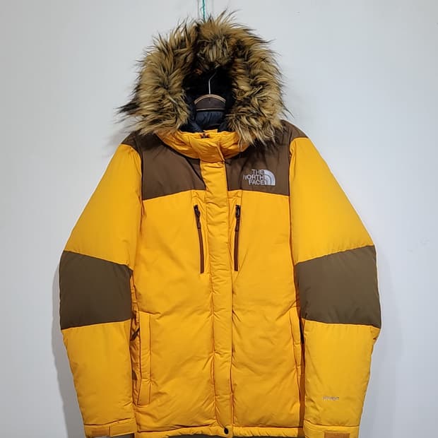(100) 노스페이스 구스다운 패딩점퍼 노랑 투톤 거위털 후드자켓 