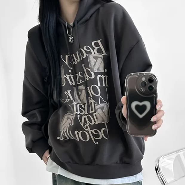 레터링 오버핏 차콜 후드티 44~55