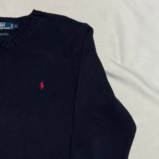 L 폴로랄프로렌 레드 포니 코튼 네이비 브이넥 니트