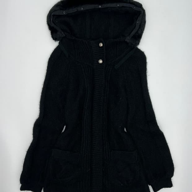 빈티지 퍼 후드 롱 니트 집업