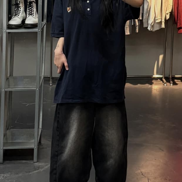 메종키츠네 폭스헤드 패치 카라 네이비 티셔츠 A3736