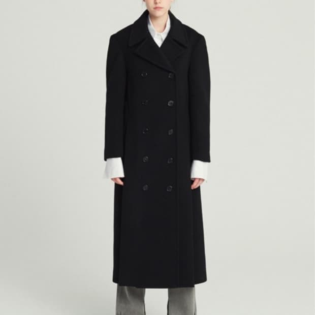렉토 더블 브레스티드 울 롱코트 수지 착용