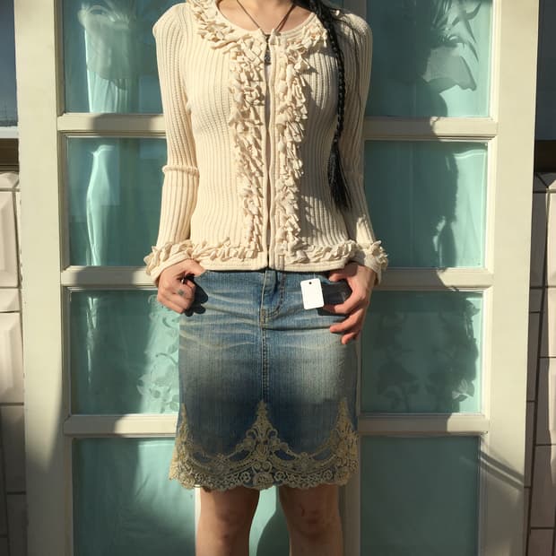 Pleats trimming ribbed knit cardigan