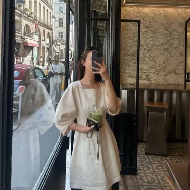 더로랑 퍼프 린넨 아워글래스 드레스 프리